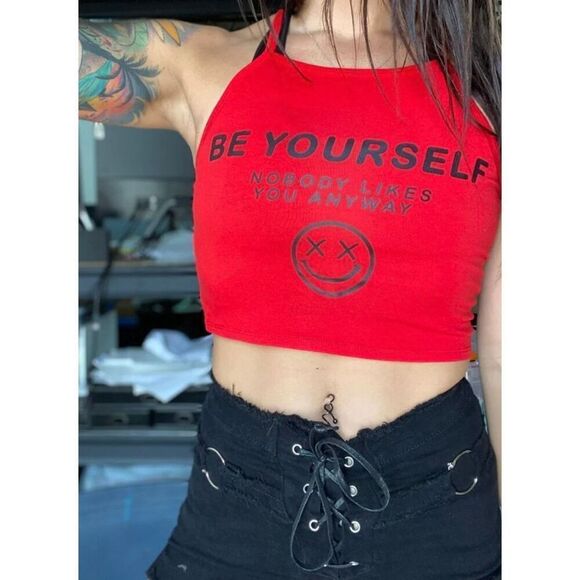 Salty Savage Ladies "BE YOURSELF, NOBODY LIKES YOU ANYWAY" High Neck Halter Crop - Picture 1 of 5
